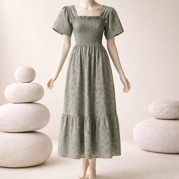 0125 Beautiful blue cottage-core dress with pink posies. Size- S/M - Picture 3 of 8